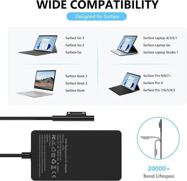 Alt view image 2 of 6 - 65W Surface Pro Laptop Charger for Microsoft Surface Pro 3/4/5/6/7/7+/8/9/X | Compatible with Windows Surface Laptop 5/4/3/2/1, Surface Book 3/2/1, Surface Go Tablet, 6.2Ft Power Cord, 44W, 36W