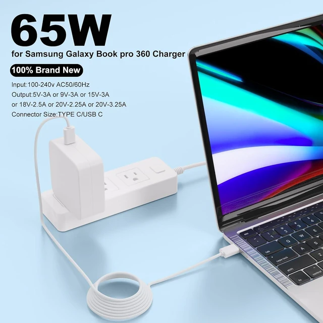 Alt view image 2 of 7 - 65W USB C Charger for Samsung Galaxy Book 2 3 4 pro 360 NP935QDC NP950QDB Notebook 9 7 Edge 14 16 15.613.3 Laptop Type C Power Supply Adapter Cord