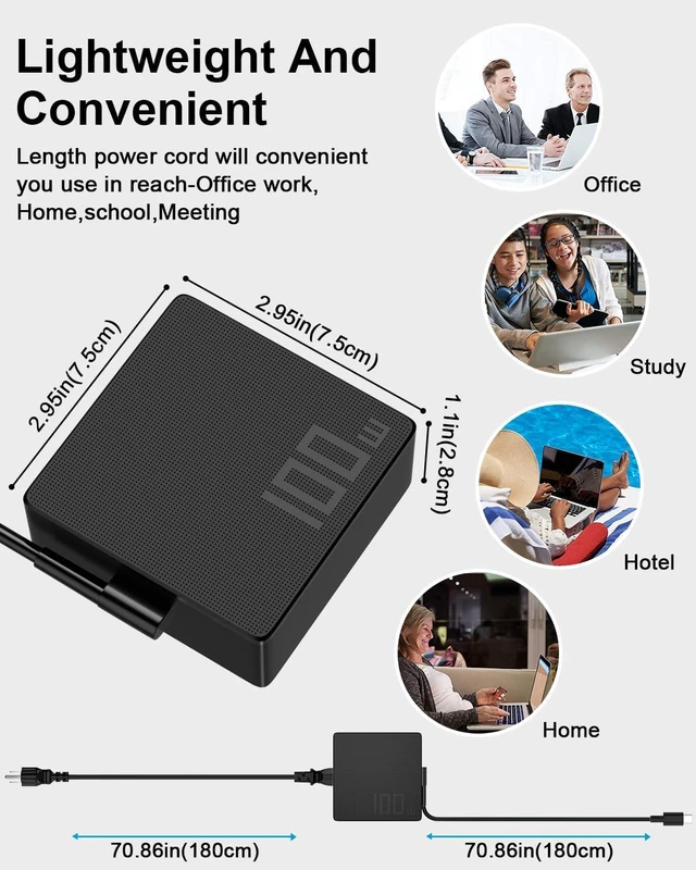 Alt view image 7 of 7 - 100W USB C Charger PD Fast Charging Compatible with Asus ROG Ally, ZenBook,Strix,HP ThinkPad MacBook Acer Computer Google MSI LG Samsung Type C Cord Power Supply