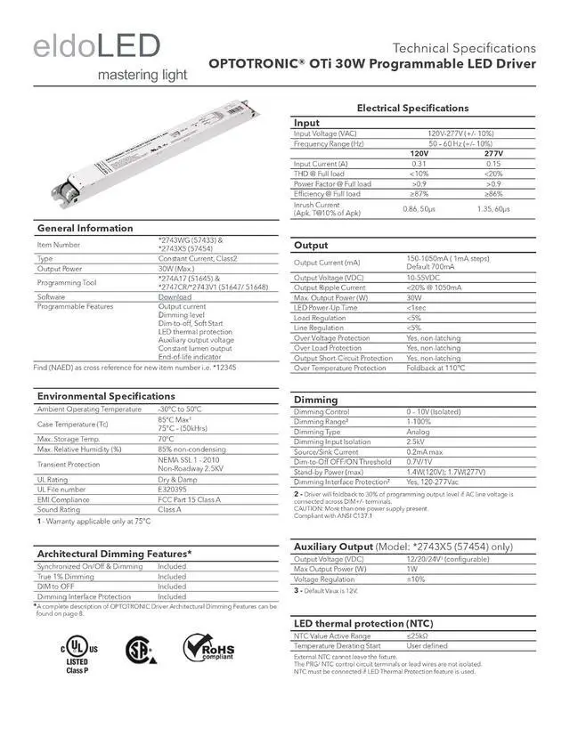 Alt view image 3 of 7 - *2743WG OPTOTRONIC 30W Constant Current 0-10V Dimmable LED Driver, Programmable Linear OTi 30/120-277/1A0 DIM-1 L G2 (57433)