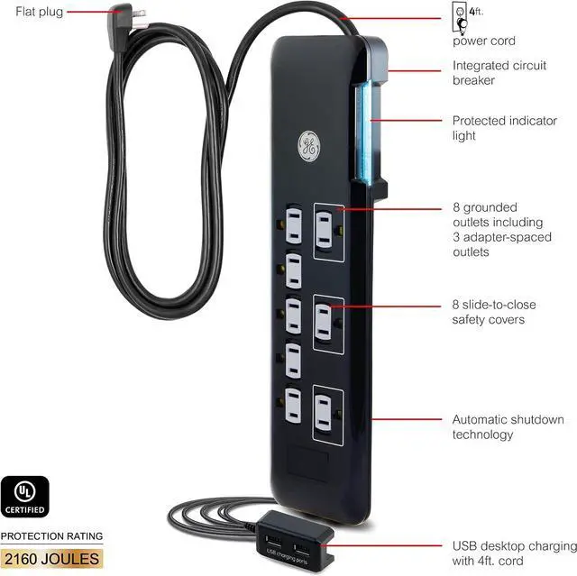 Alt view image 2 of 7 - GE 8-Outlet Surge Protector, Tethered 2 USB Ports, 4 Ft Power Cord, 2160 Joules, Flat Plug, Power Filter, Circuit Breaker, Warranty, UL Listed, Black, 34117