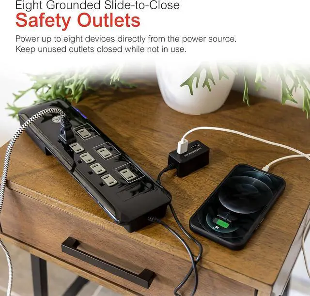 Alt view image 3 of 7 - GE 8-Outlet Surge Protector, Tethered 2 USB Ports, 4 Ft Power Cord, 2160 Joules, Flat Plug, Power Filter, Circuit Breaker, Warranty, UL Listed, Black, 34117