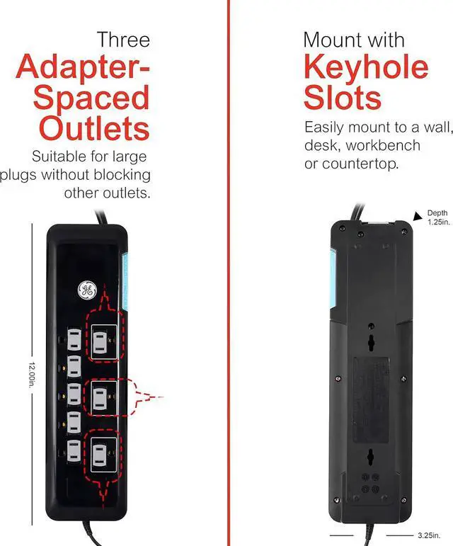 Alt view image 5 of 7 - GE 8-Outlet Surge Protector, Tethered 2 USB Ports, 4 Ft Power Cord, 2160 Joules, Flat Plug, Power Filter, Circuit Breaker, Warranty, UL Listed, Black, 34117
