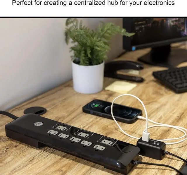 Alt view image 7 of 7 - GE 8-Outlet Surge Protector, Tethered 2 USB Ports, 4 Ft Power Cord, 2160 Joules, Flat Plug, Power Filter, Circuit Breaker, Warranty, UL Listed, Black, 34117