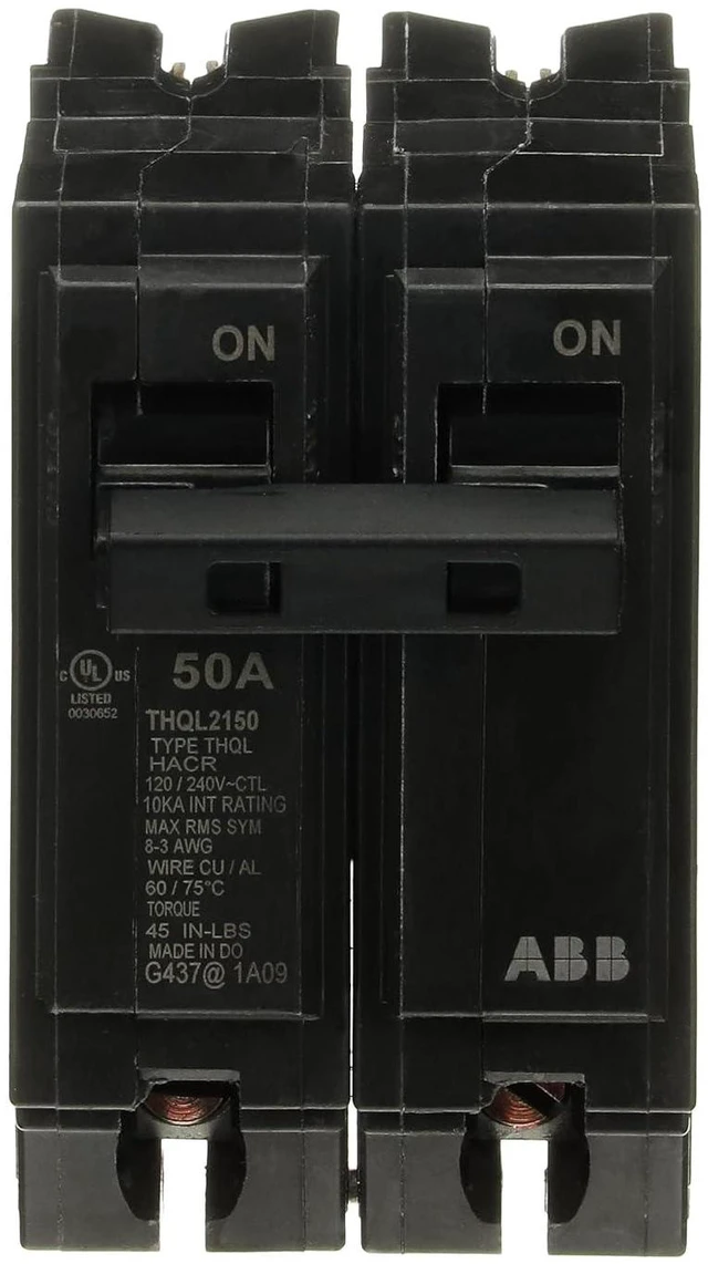 Main image of ABB Q-Line® THQL2150 50A Circuit Breaker 50 Amp Double Pole Breaker, 120/240 VAC, 10 kAIC Thermal Magnetic Trip Long-Time & Instantaneous Protection (LI) Plug-in Mount