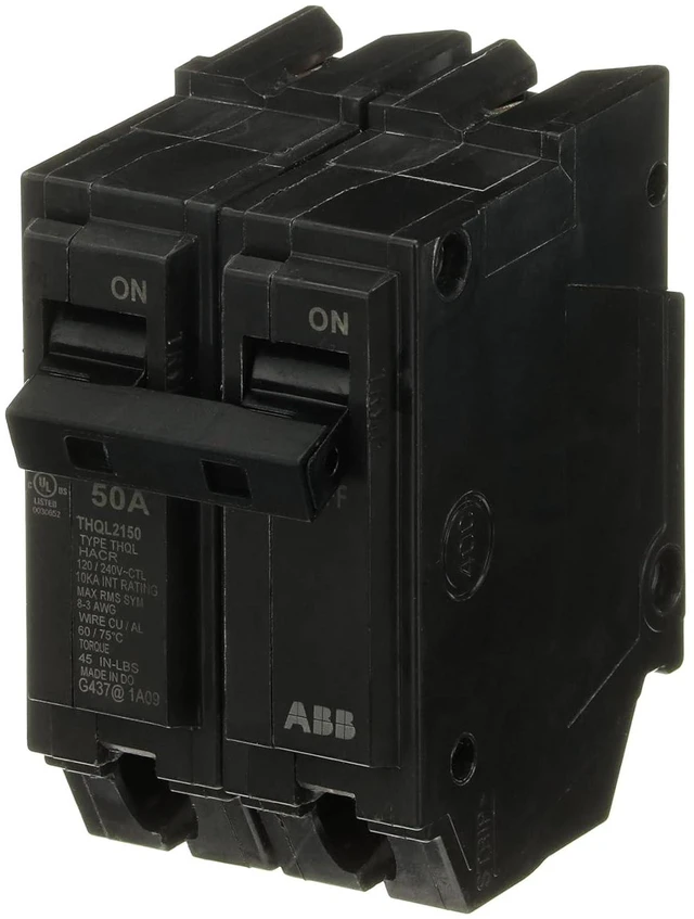 Alt view image 2 of 3 - ABB Q-Line® THQL2150 50A Circuit Breaker 50 Amp Double Pole Breaker, 120/240 VAC, 10 kAIC Thermal Magnetic Trip Long-Time & Instantaneous Protection (LI) Plug-in Mount