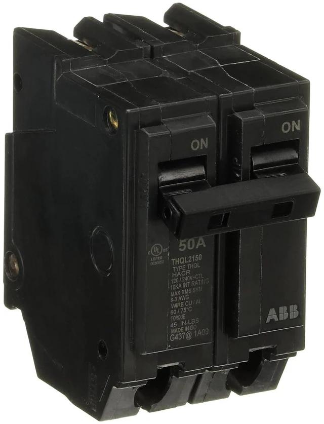 Alt view image 3 of 3 - ABB Q-Line® THQL2150 50A Circuit Breaker 50 Amp Double Pole Breaker, 120/240 VAC, 10 kAIC Thermal Magnetic Trip Long-Time & Instantaneous Protection (LI) Plug-in Mount