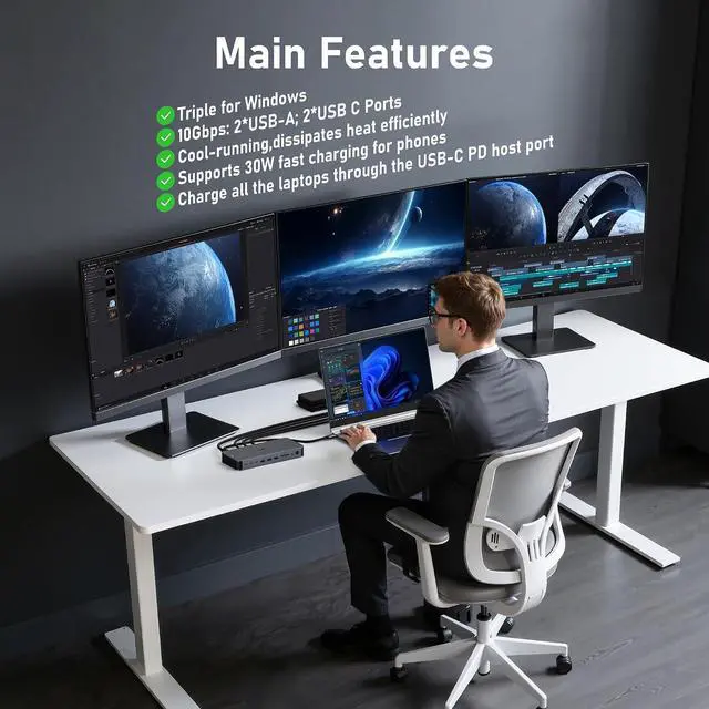 Alt view image 3 of 7 - USB C Docking Station Dual Monitors USB-C Dock Type C Hub Multiple Adapter Dongle for Dell HP Laptop with 8K DP,2 HDMI, 120W DC Power,USBC/A3.1,USBC/A 2.0, Ethernet,SD/TF,Audio,Button,LED Light