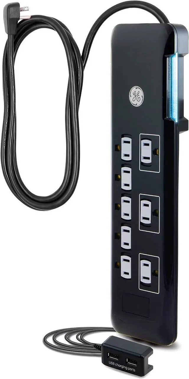 Main image of GE 8-Outlet Surge Protector, Tethered 2 USB Ports, 4 Ft Power Cord, 2160 Joules, Flat Plug, Power Filter, Circuit Breaker, Warranty, UL Listed, Black, 34117