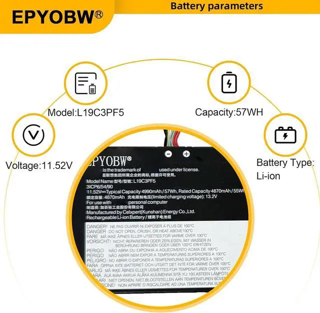 Alt view image 4 of 7 - L19C3PF5 Battery 57Wh 4990mAh 3-Cell 11.52V Compatible with Lenovo IdeaPad 5-15IIL05 5-15ARE05 5-15ITL05 5-15ALC05 5-15IAL7 5-15ABA7 Series L19M3PF6 L19L3PF2