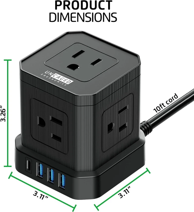 Alt view image 2 of 7 - Cube Power Strips with Surge Protection, 10ft Extension Cord with Multiple Outlets, 5 AC Plugs, 3 USB, 1 Usbc Fast Charging Power Strip with USB Ports, Mountable On/Off Switch Charging Station