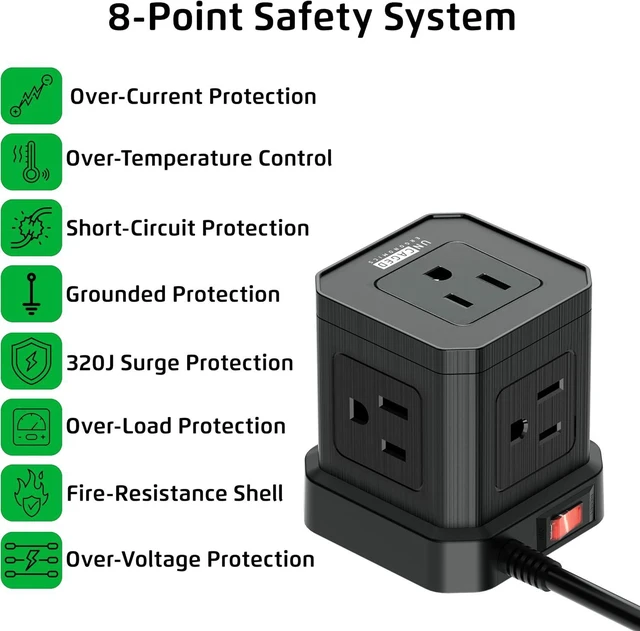 Alt view image 4 of 7 - Cube Power Strips with Surge Protection, 10ft Extension Cord with Multiple Outlets, 5 AC Plugs, 3 USB, 1 Usbc Fast Charging Power Strip with USB Ports, Mountable On/Off Switch Charging Station