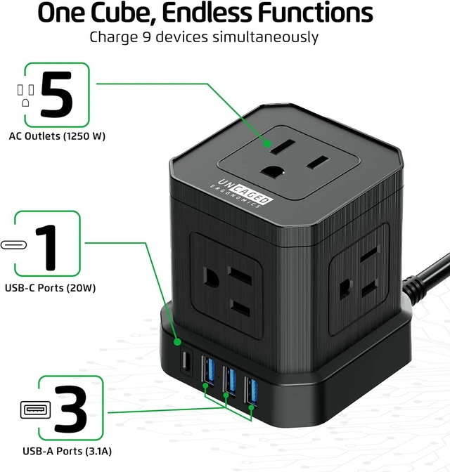 Alt view image 5 of 7 - Cube Power Strips with Surge Protection, 10ft Extension Cord with Multiple Outlets, 5 AC Plugs, 3 USB, 1 Usbc Fast Charging Power Strip with USB Ports, Mountable On/Off Switch Charging Station