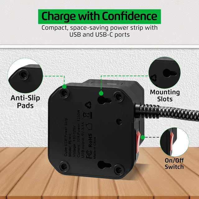 Alt view image 6 of 7 - Cube Power Strips with Surge Protection, 10ft Extension Cord with Multiple Outlets, 5 AC Plugs, 3 USB, 1 Usbc Fast Charging Power Strip with USB Ports, Mountable On/Off Switch Charging Station
