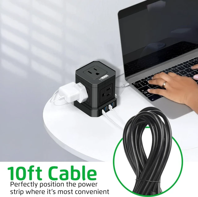 Alt view image 7 of 7 - Cube Power Strips with Surge Protection, 10ft Extension Cord with Multiple Outlets, 5 AC Plugs, 3 USB, 1 Usbc Fast Charging Power Strip with USB Ports, Mountable On/Off Switch Charging Station
