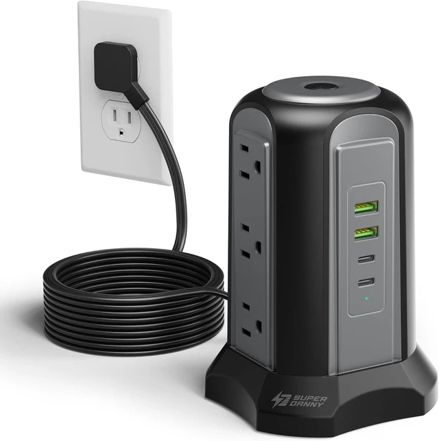 Main image of Power Strip Tower Surge Protector, SUPERDANNY Desktop Charging Station, 10 Ft Extension Cord, 9 Outlets, 4 USB Ports, 1080 Joules, 3-Prong, Grounded, Multiple Protections for Home, Office, Black