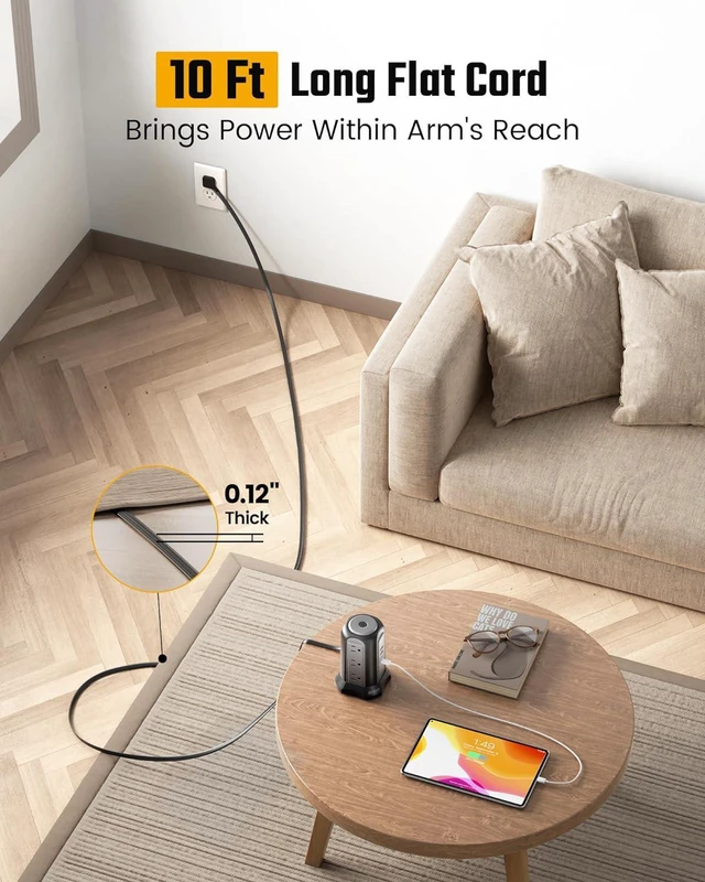 Alt view image 2 of 7 - Power Strip Tower Surge Protector, SUPERDANNY Desktop Charging Station, 10 Ft Extension Cord, 9 Outlets, 4 USB Ports, 1080 Joules, 3-Prong, Grounded, Multiple Protections for Home, Office, Black