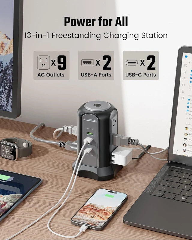 Alt view image 3 of 7 - Power Strip Tower Surge Protector, SUPERDANNY Desktop Charging Station, 10 Ft Extension Cord, 9 Outlets, 4 USB Ports, 1080 Joules, 3-Prong, Grounded, Multiple Protections for Home, Office, Black