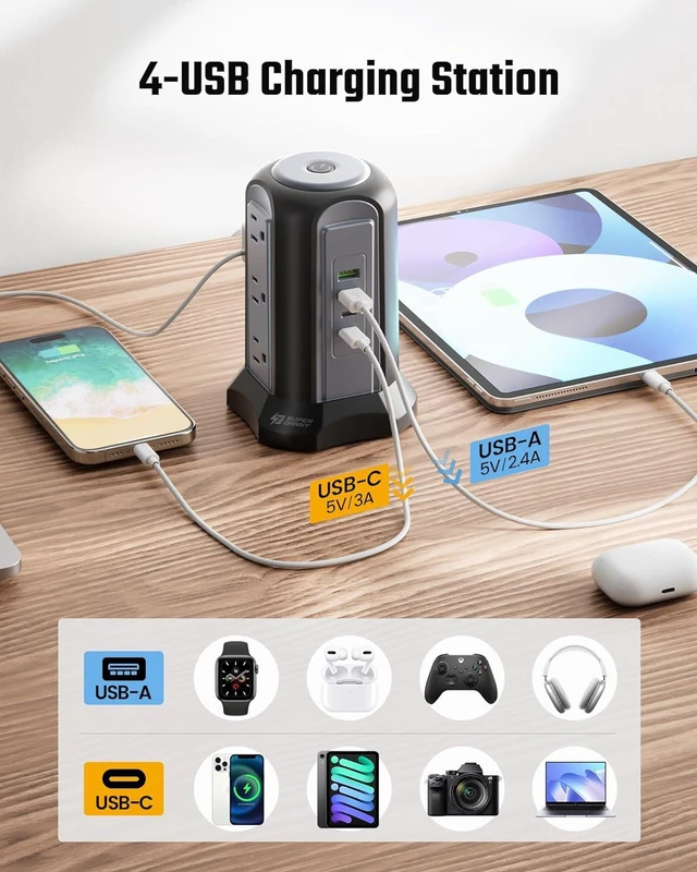 Alt view image 4 of 7 - Power Strip Tower Surge Protector, SUPERDANNY Desktop Charging Station, 10 Ft Extension Cord, 9 Outlets, 4 USB Ports, 1080 Joules, 3-Prong, Grounded, Multiple Protections for Home, Office, Black