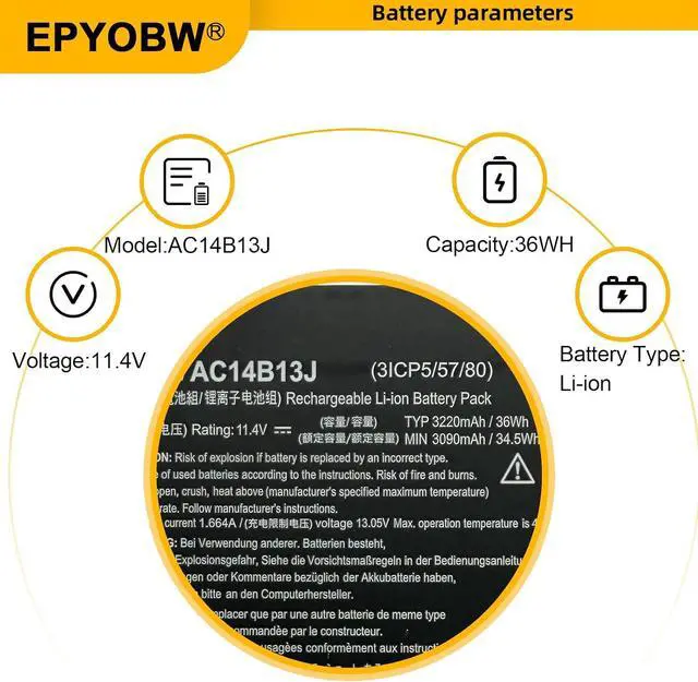 Alt view image 3 of 6 - AC14B13J Laptop Battery 36Wh 3220mAh 11.4V Compatible with Acer Aspire E3-111 ES1-511 / Aspire V3-111 V5-122 / Chromebook CB3-111 CB5-311 / Swift 3 / Spin 5 Series AC14B18J 4ICP5/57/80
