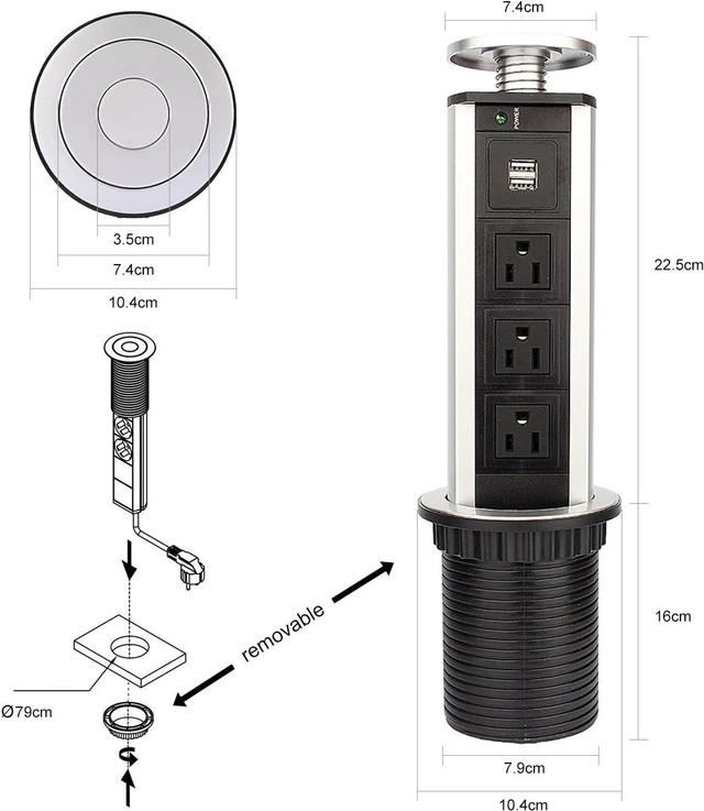 Alt view image 2 of 6 - Yosoo Pop Up Outlet, Aluminium Alloy Shell Tensile Type Pop up Power Desktop Worktop Kitchen Electric Socket for Office Meeting Room Home