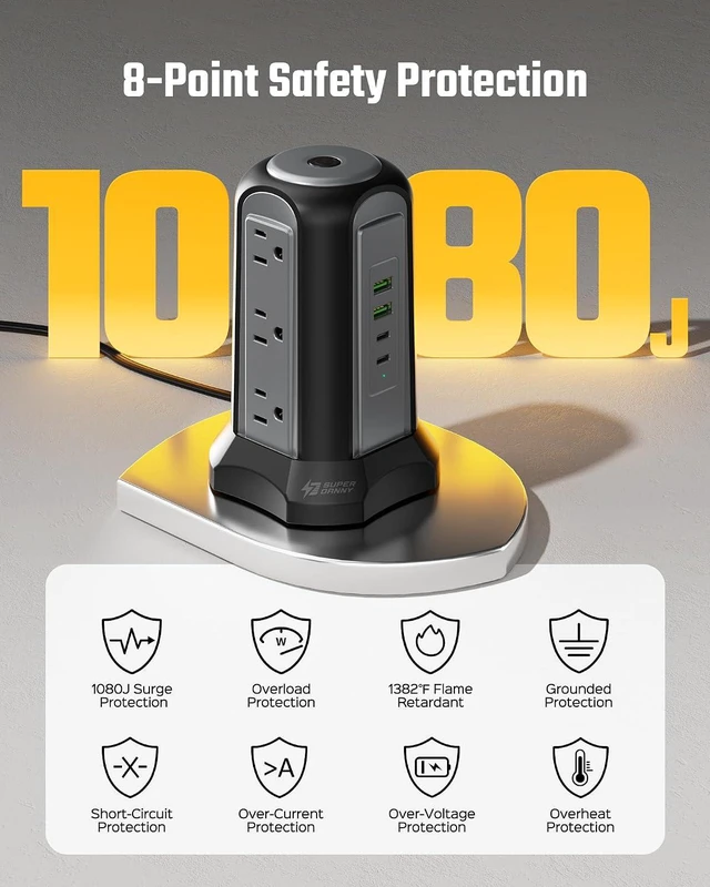 Alt view image 7 of 7 - Power Strip Tower Surge Protector, SUPERDANNY Desktop Charging Station, 10 Ft Extension Cord, 9 Outlets, 4 USB Ports, 1080 Joules, 3-Prong, Grounded, Multiple Protections for Home, Office, Black