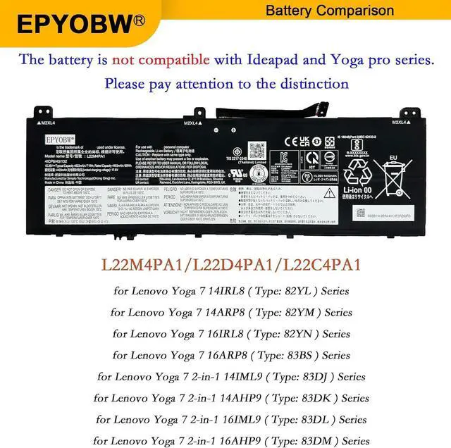 Alt view image 3 of 7 - L22D4PA1 Laptop Battery 71Wh Compatible with Lenovo Yoga 7 14IRL8 14ARP8 16IRL8 16ARP8 / Yoga 7 2-in-1 14IML9 14AHP9 16IML9 16AHP9 Series L22C4PA1 L22M4PA1