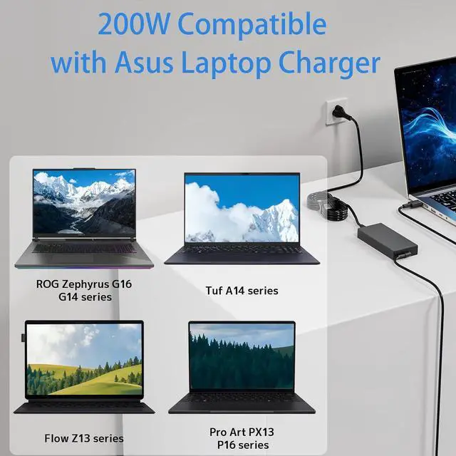 Alt view image 4 of 7 - 200W Laptop Charger for Asus Flow ROG Zephyrus ProArt TUF Power Supply Cord | A20-200P1A Compatible with Asus ROG Zephyrus G16 G14 GA605 GU605 GA403 GU605MU GA403UI Flow Z13 TUF A14 ProArt P16 PX13