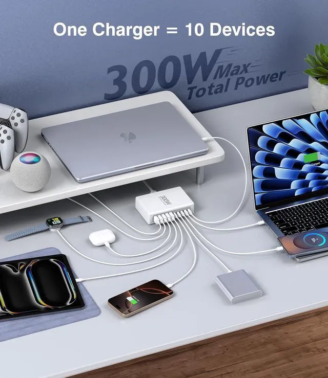 Alt view image 4 of 7 - 300W USB C Fast Charging Block,Upgraded 10-Port Fast Charging Station Hub,PD 100W 65W 45W 25W 20W Laptop Charger Power Adapter for MacBook Pro/Air,DELL,Steam Deck,iPhone 17/16,Galaxy S25/24