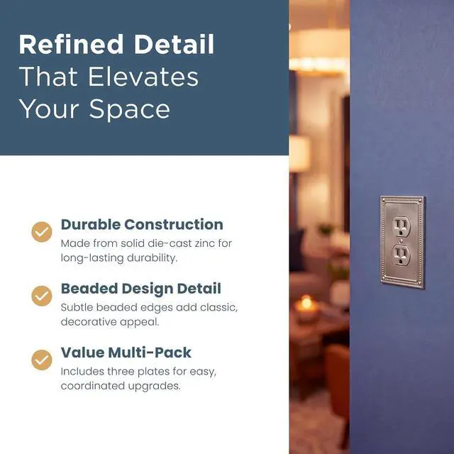 Alt view image 3 of 7 - Franklin Brass W35059V-SN-C Classic Beaded Single Duplex Wall Plate/Switch Plate/Cover (3 Pack), Satin Nickel