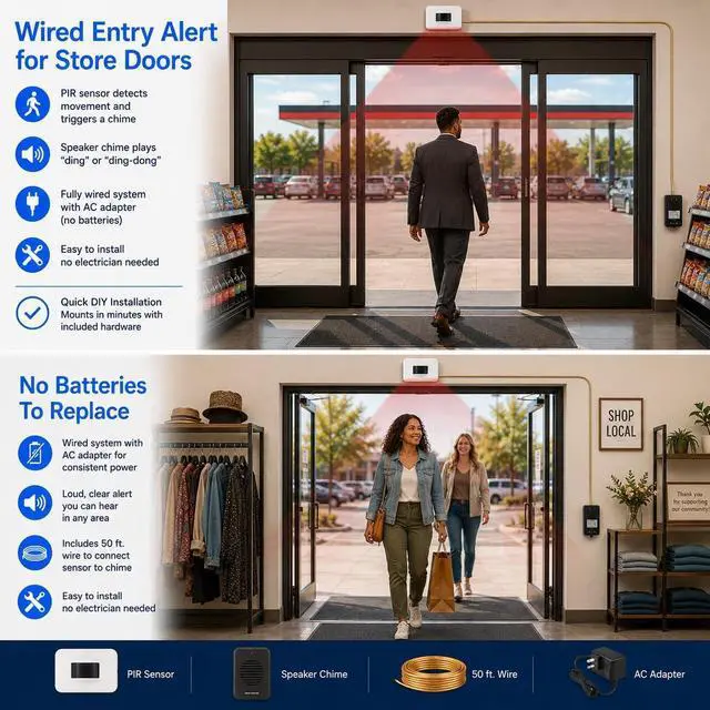 Alt view image 2 of 7 - Wired Informer Motion Sensor Door Entry Alert Kit | PIR Sensor and Door Chime Speaker, Self Install Doorbell for Commercial Use with No Electrician Needed