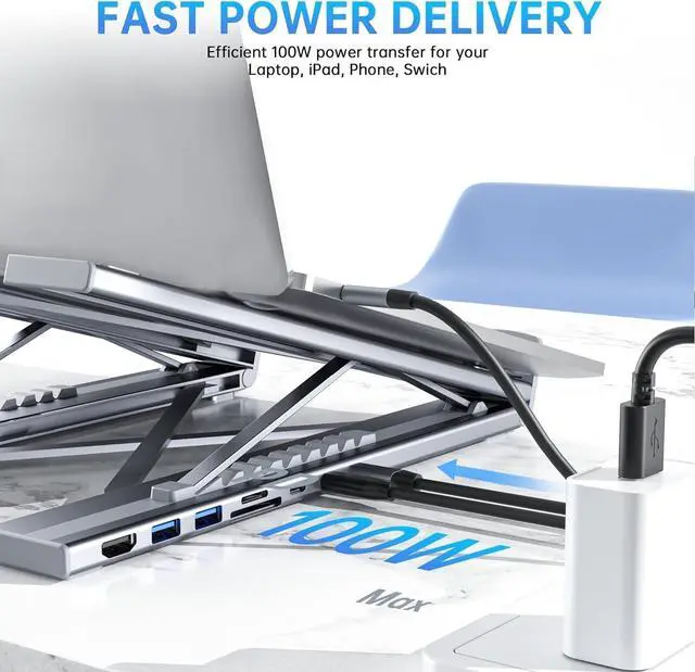Alt view image 4 of 7 - Laptop Stand with Docking Station, 8 in 1 USB C Hub HDMI Portable Laptop Stand for Desk with USB Ports, Multiport USBC Dock Stands Foldable Adjustable Computer Riser Holder Dongle for MacBook