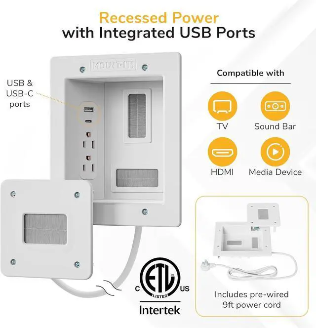 Alt view image 3 of 7 - Mount-It! in-Wall TV Cable Management Kit with Recessed Power Dual Outlet, USB-A and USB-C Ports, 9ft Cord, and Hand Saw Easy, Safe Cable Management for Organized TV and Home Theater Setups