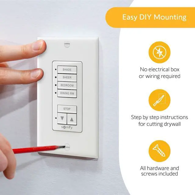 Alt view image 3 of 6 - Somfy DecoFlex Wirefree RTS Wall Switch, 4 Channel, White (1811074)