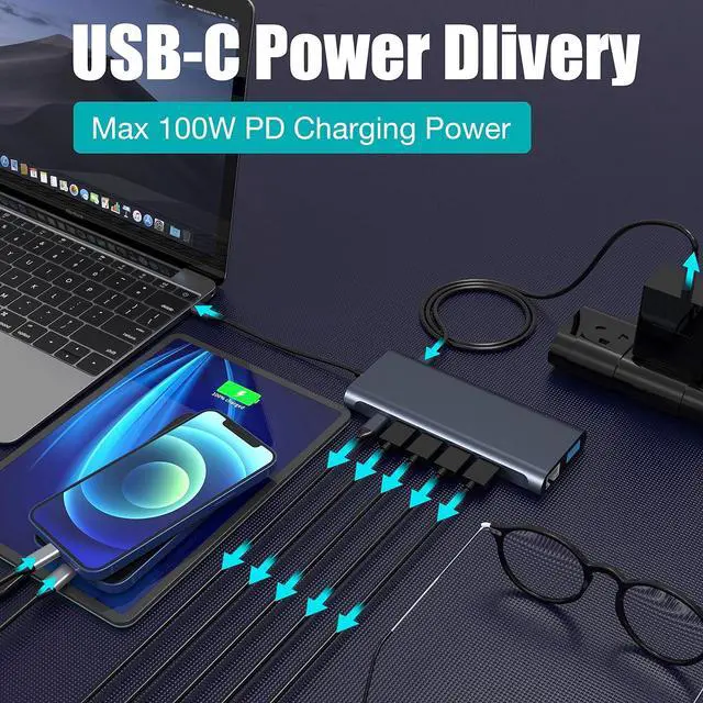 Alt view image 7 of 7 - USB C Docking Station Hub (13 -in-1) with 2 X 4K HDMI, Ethernet, VGA,Audio, USB3.0 TF/SD Dongle Docking Station Compatible for MacBook iPad Pro Dell Hp Lenovo