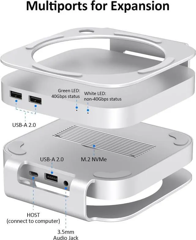 Alt view image 3 of 7 - AKKYAJAURE 40Gbps USB4 Hub & Stand for Mac mini M4, All-Aluminum Docking Station with 40Gbps M.2 SSD (NVMe PCle) Enclosure, 3*USB 2.0, 3.5mm Audio | Mac mini M4 USB-4 Dock