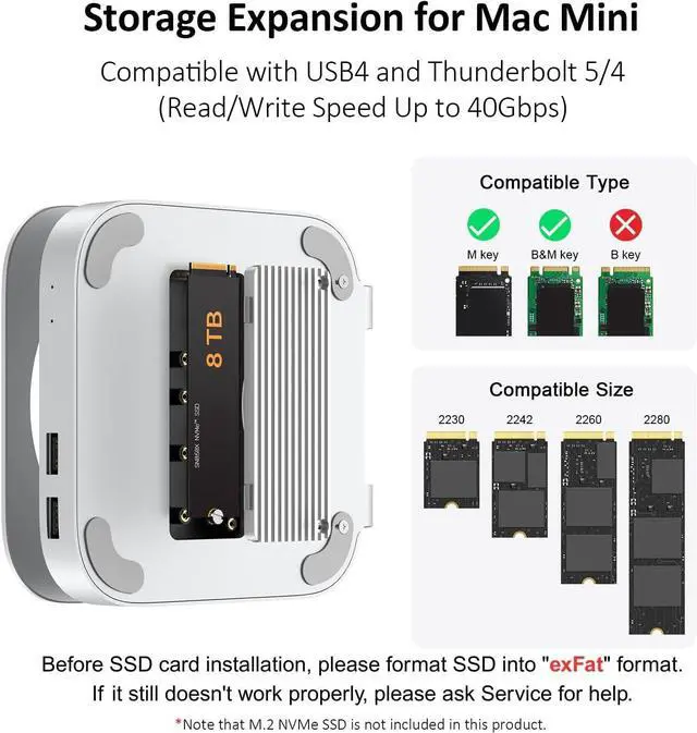 Alt view image 4 of 7 - AKKYAJAURE 40Gbps USB4 Hub & Stand for Mac mini M4, All-Aluminum Docking Station with 40Gbps M.2 SSD (NVMe PCle) Enclosure, 3*USB 2.0, 3.5mm Audio | Mac mini M4 USB-4 Dock
