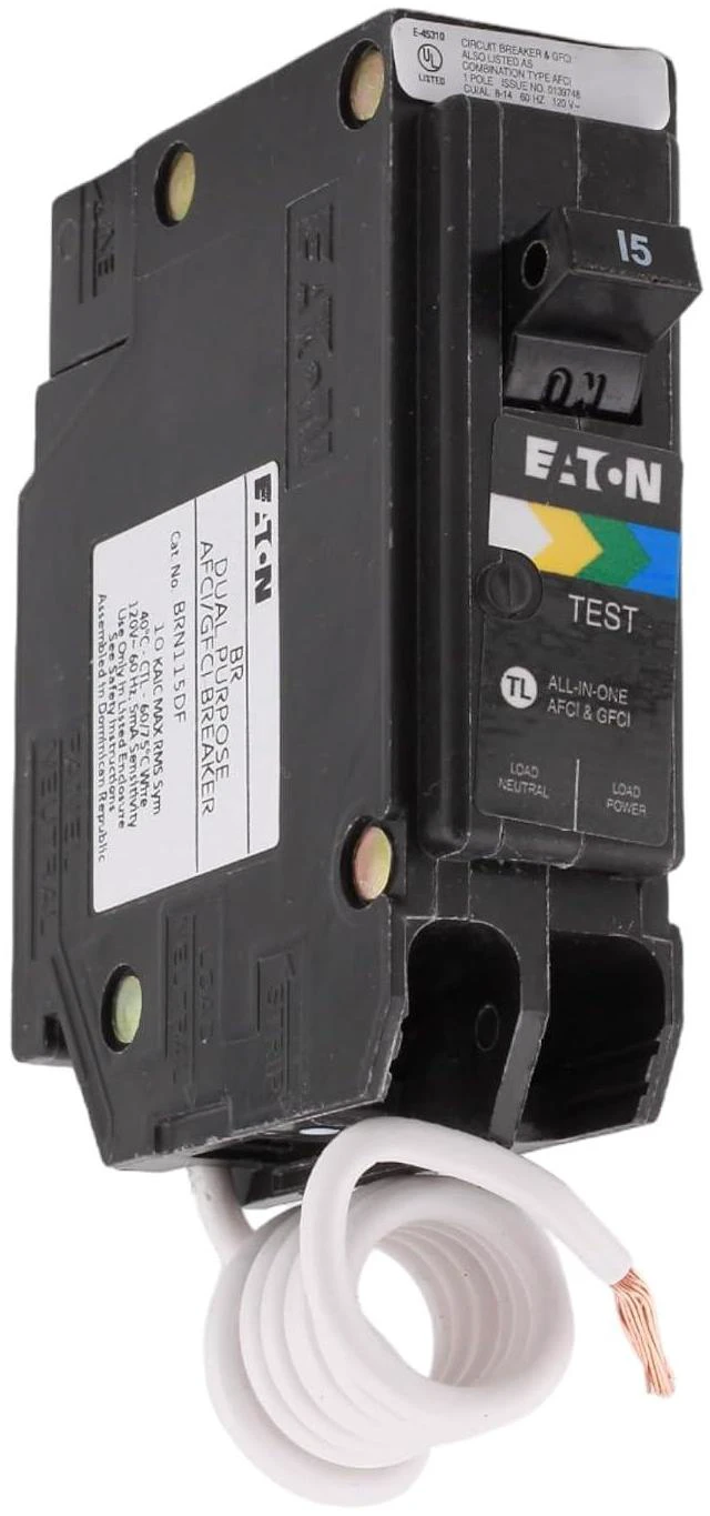 Main image of BRN115A1CS AFCI/GFCI All-in-One Circuit Breaker, 15 Amp Single Pole, Pigtail Neutral, 120V, 10 kAIC, UL Listed (1)
