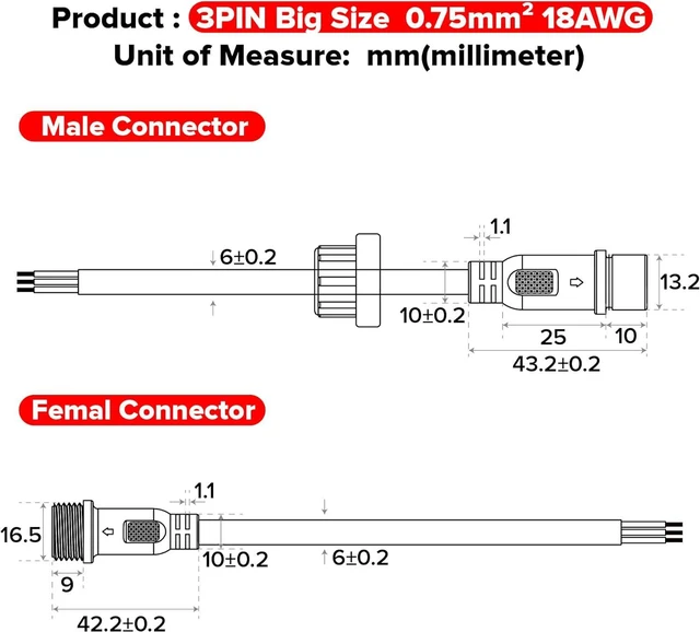 Alt view image 6 of 7 - 5PCS 9.84ft 3meter 3 Pin 0.75mm²/18AWG IP65 Extension Cable Wire with Male and Female Connectors at Both Ends for WS2811 WS2812B SK6812 FCOB CCT etc LED Strip 22mm nut Big Size