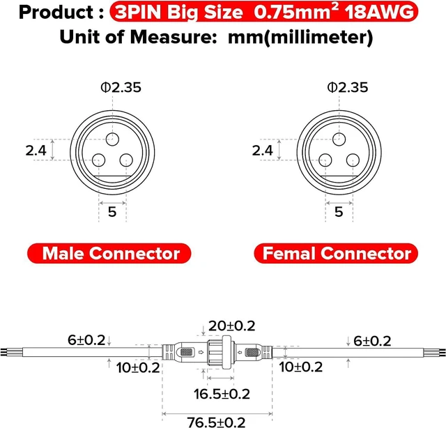 Alt view image 7 of 7 - 5PCS 9.84ft 3meter 3 Pin 0.75mm²/18AWG IP65 Extension Cable Wire with Male and Female Connectors at Both Ends for WS2811 WS2812B SK6812 FCOB CCT etc LED Strip 22mm nut Big Size