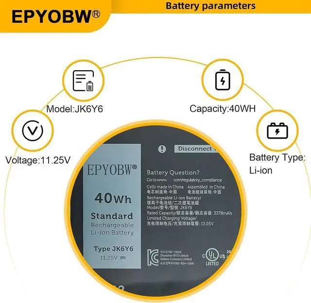 Alt view image 4 of 7 - JK6Y6 Laptop Battery 40Wh 0JK6Y6 H5CKD 7T8CD TXD03