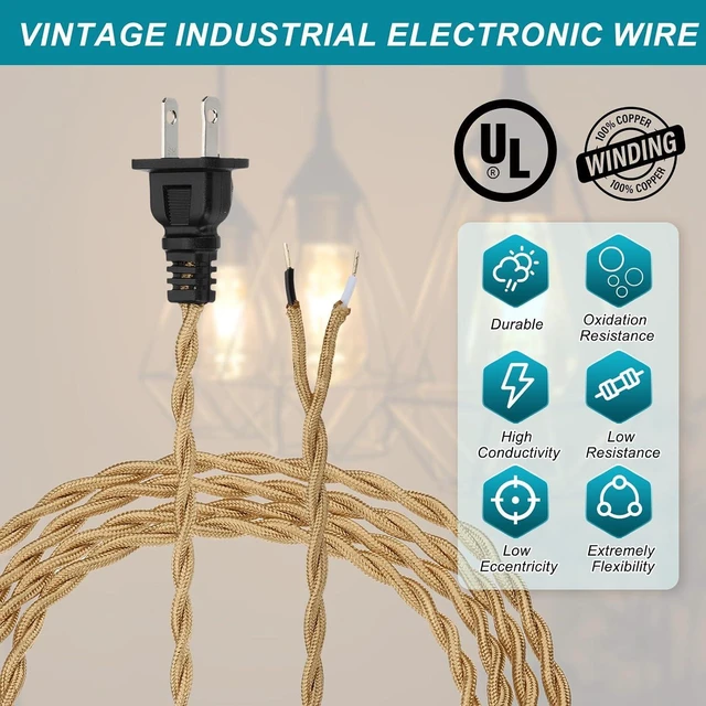 Alt view image 3 of 6 - uxcell 15Ft 18/2 Twisted Cloth Covered Lamp Cord, 2pcs Vintage Fabric Electrical Wire with Plug Stripped Ends Ready for Extension Wiring DIY Repairing, Light Gold