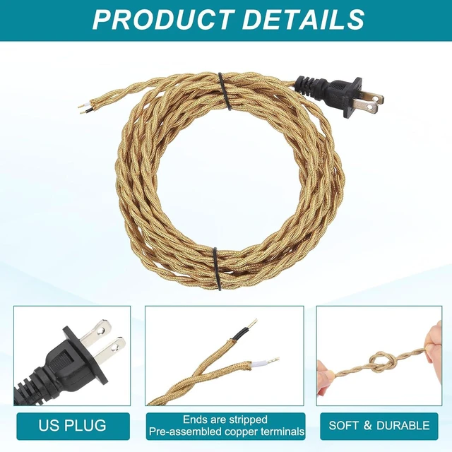 Alt view image 4 of 6 - uxcell 15Ft 18/2 Twisted Cloth Covered Lamp Cord, 2pcs Vintage Fabric Electrical Wire with Plug Stripped Ends Ready for Extension Wiring DIY Repairing, Light Gold