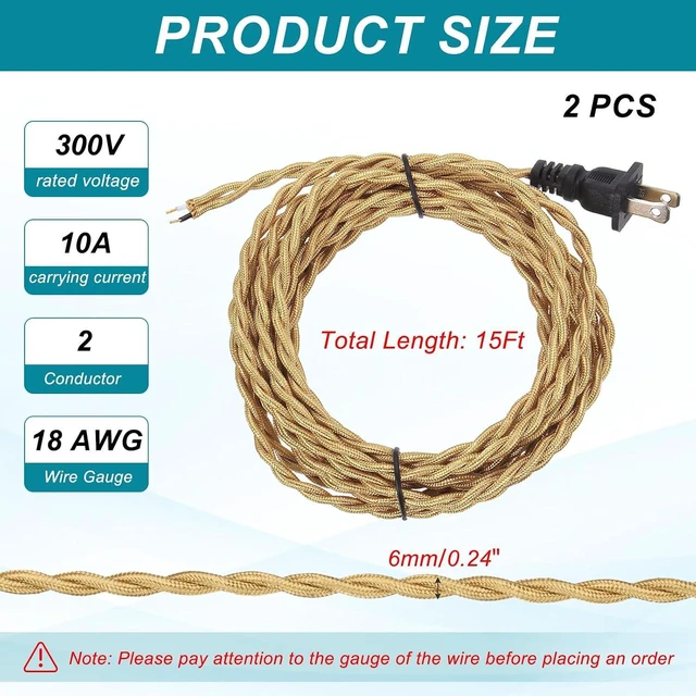 Alt view image 2 of 6 - uxcell 15Ft 18/2 Twisted Cloth Covered Lamp Cord, 2pcs Vintage Fabric Electrical Wire with Plug Stripped Ends Ready for Extension Wiring DIY Repairing, Light Gold