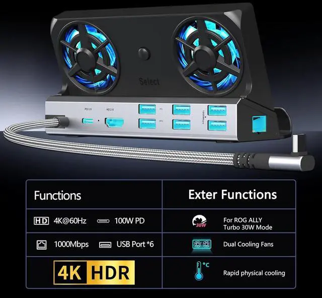 Alt view image 3 of 7 - YCE12-in-1 Steam Deck Dock for ROG Ally X, Steam Deck, Legion Go, Switch | Dual 5cm RGB cooling fans, 6USB ports, 4K60Hz HDMI port, 1000Mbps Ethernet port, 100W PD fast charging