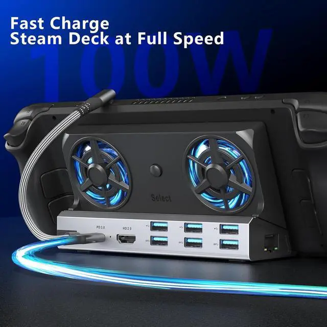 Alt view image 5 of 7 - YCE12-in-1 Steam Deck Dock for ROG Ally X, Steam Deck, Legion Go, Switch | Dual 5cm RGB cooling fans, 6USB ports, 4K60Hz HDMI port, 1000Mbps Ethernet port, 100W PD fast charging