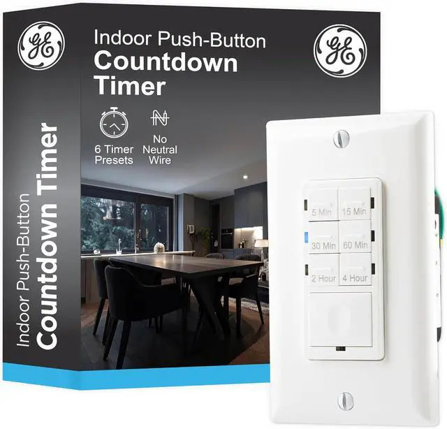 Main image of GE Push Button Digital Countdown Timer Switch, NO Neutral Wire Required, 5-15-30 Minute and 1-2-4 Hour Presets, On/Off, for Lights, Exhaust Fans, and Heaters, Décor Wall Plate Included, 15318, White