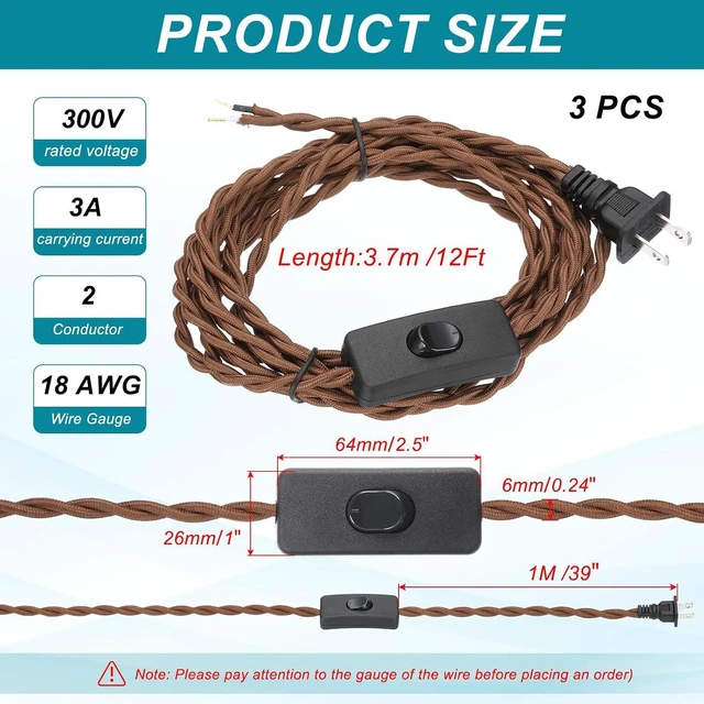 Alt view image 2 of 7 - uxcell 3Pcs 12Ft 18/2 Twisted Cloth Covered Lamp Cord, Vintage Fabric Electrical Wire with Switch Button and Plug Stripped Ends Ready for Extension Wiring DIY Repairing, Light Brown