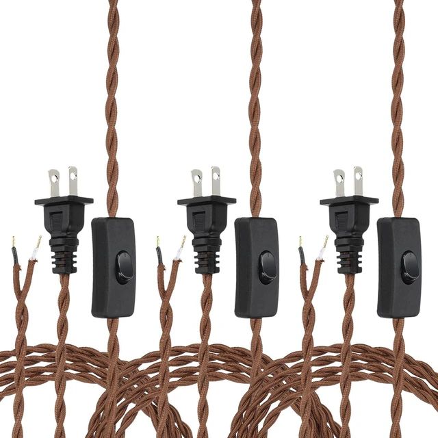 Main image of uxcell 3Pcs 12Ft 18/2 Twisted Cloth Covered Lamp Cord, Vintage Fabric Electrical Wire with Switch Button and Plug Stripped Ends Ready for Extension Wiring DIY Repairing, Light Brown