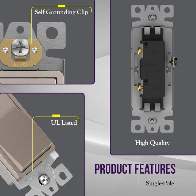 Alt view image 3 of 7 - ENERLITES Elite Series Decorator Light Switch with Brushed Screwless Wall Plate, Single Pole, 3 Wire, Grounding Screw, Residential Grade, 15A 120V, UL Listed, 91150-NKWBP, Brushed Nickel